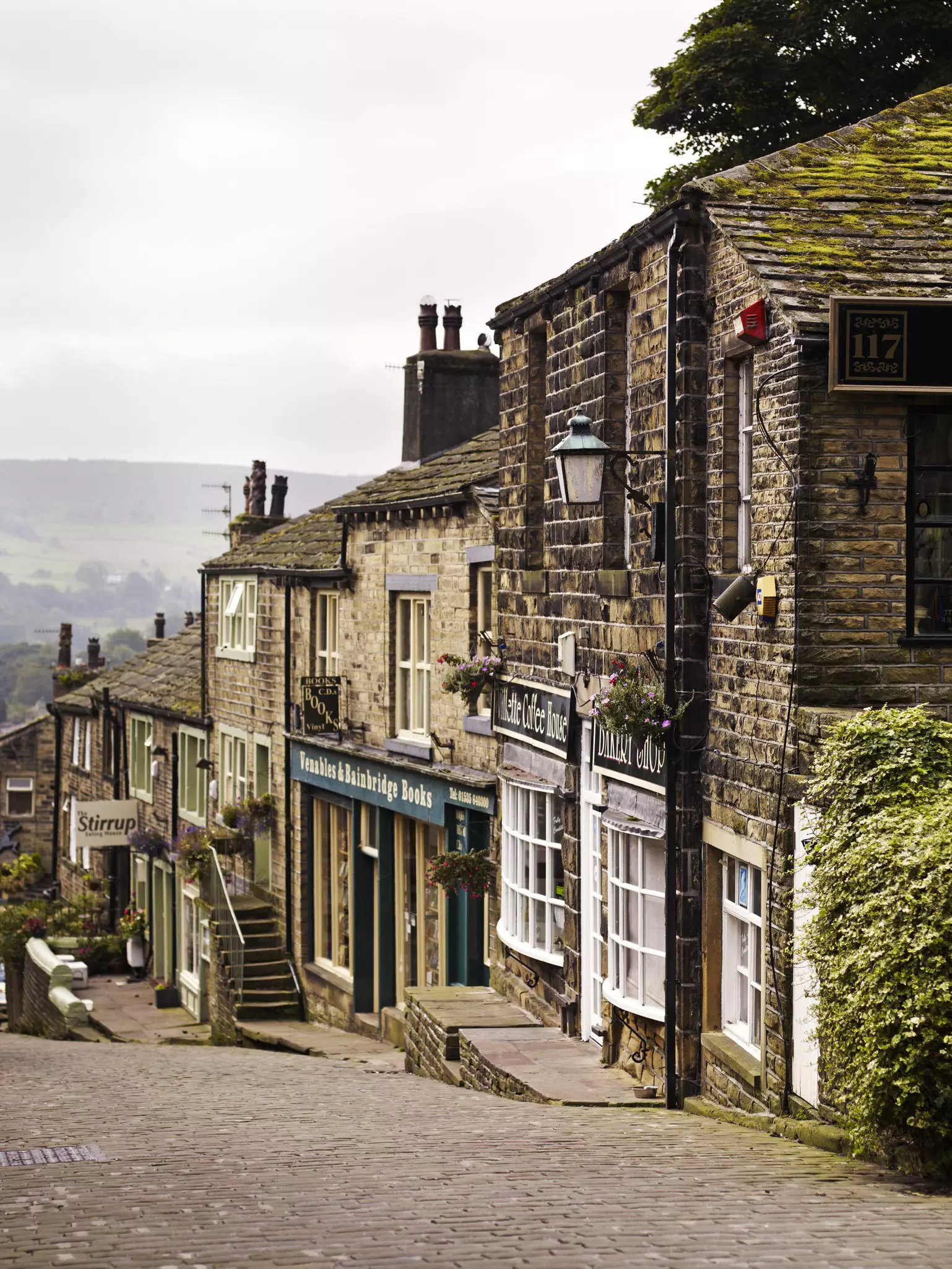 Historical cobbled streets and stone cottages of Haworth, West Yorkshire
