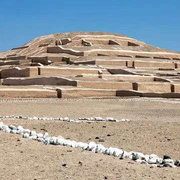 Nazca pyramid at Cahuachi archeological site in the Nazca desert of Peru.
