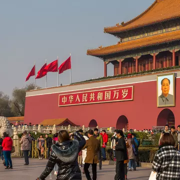 View of people at Tiananmen Square in Beijing, China.