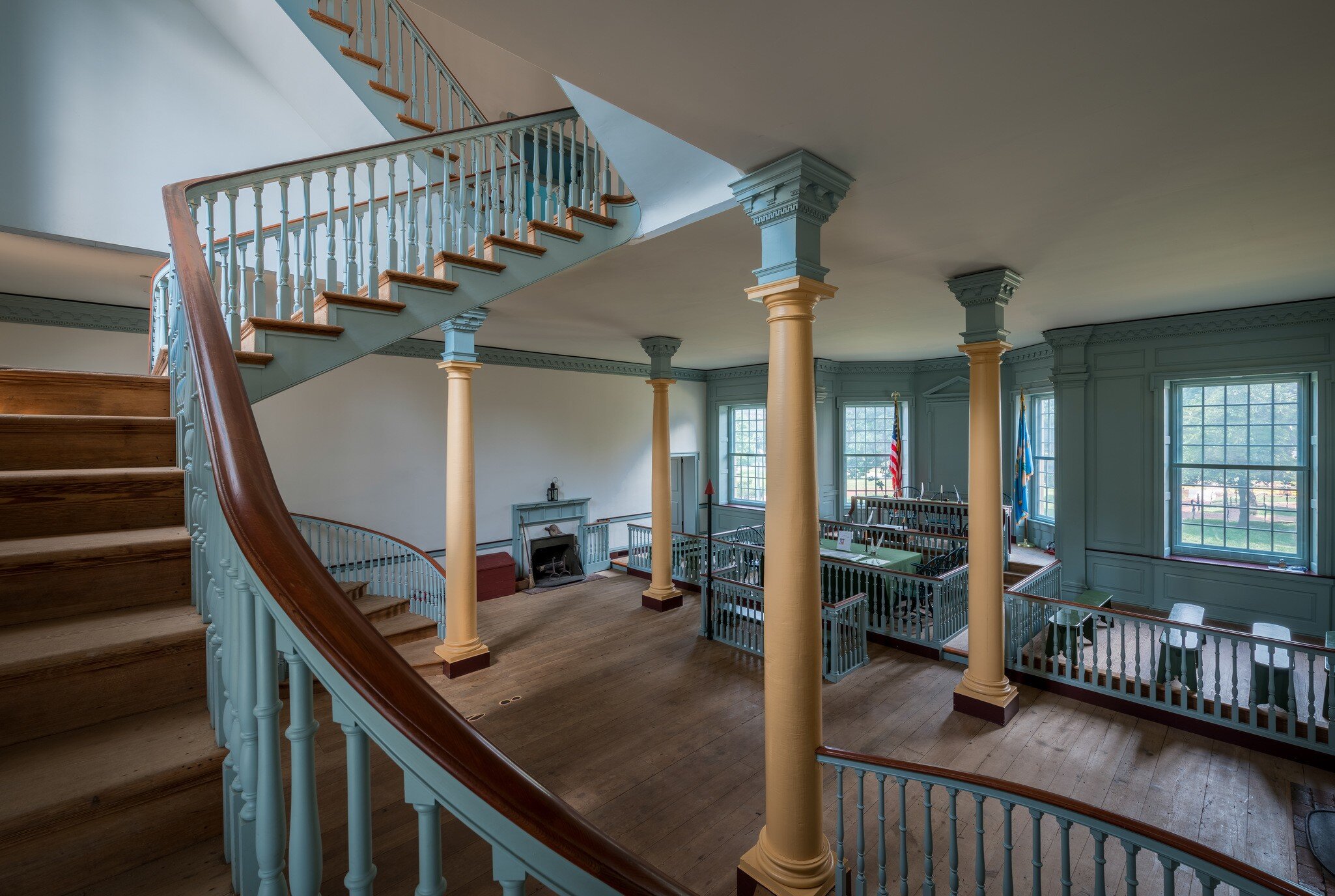 DOVER, DELAWARE - JULY 19: Staircase leading down to the courtroom of the Old State House on The Green on July 19, 2015 in Dover, Delaware