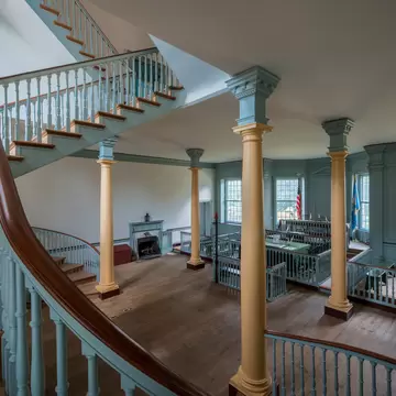 DOVER, DELAWARE - JULY 19: Staircase leading down to the courtroom of the Old State House on The Green on July 19, 2015 in Dover, Delaware