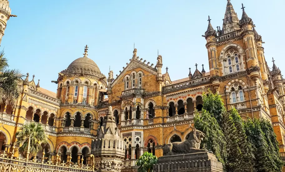 Exterior of the Chhatrapati Shivaji Maharaj Terminus Railway Station, a historic terminal train station in Mumbai, Maharashtra, India.