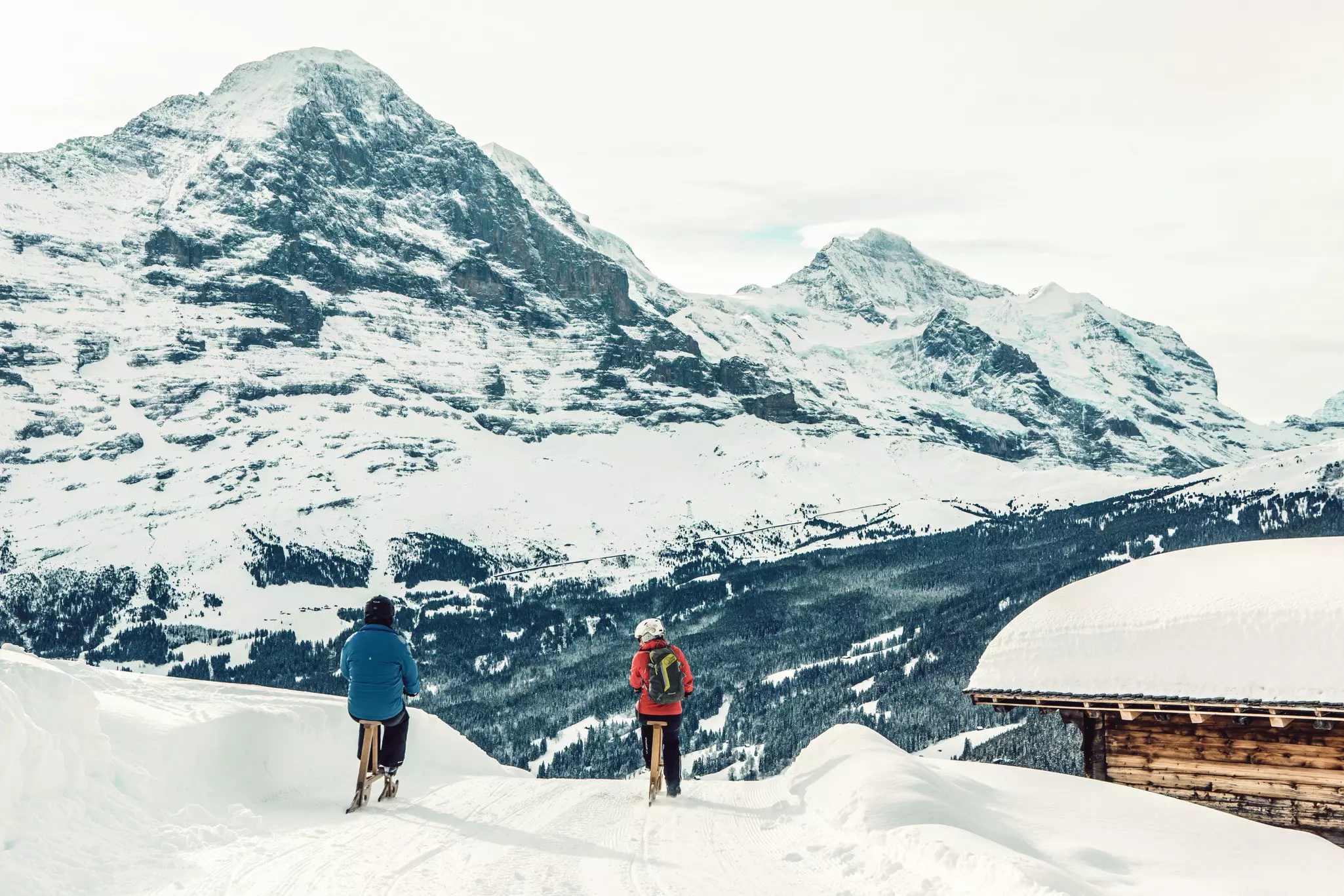 Two people ride velogemel in front of the mountains of Grindelwald