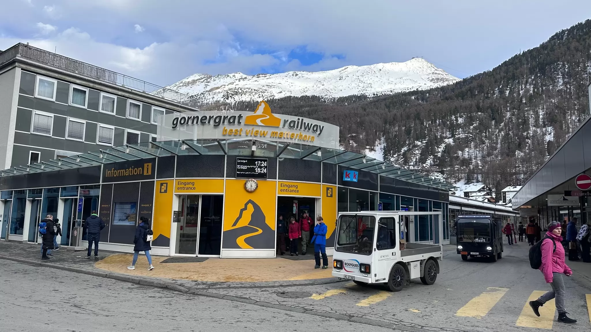 Zermatt, Switzerland - March 29, 2024 : Entrance of the Gornergrat Railway train station in Zermatt, Canton of Valais, Mattherhorn, Switzerland, License Type: media, Download Time: 2025-12-03T18:51:08.000Z, User: fabricencoredesign31, Editorial: true, purchase_order: 56530 - Guidebooks, job: Global Publishing-WIP, client: Experience Switzerland 1, other: Fabrice Robin