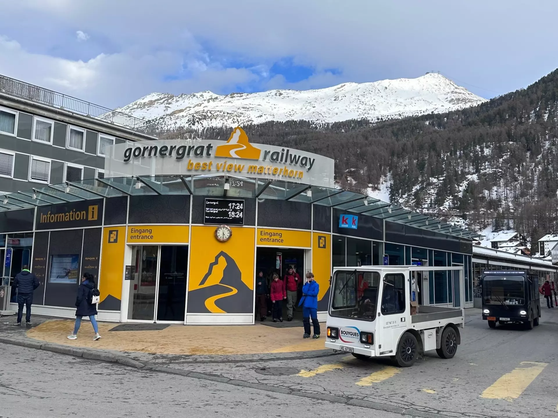 Zermatt, Switzerland - March 29, 2024 : Entrance of the Gornergrat Railway train station in Zermatt, Canton of Valais, Mattherhorn, Switzerland, License Type: media, Download Time: 2025-12-03T18:51:08.000Z, User: fabricencoredesign31, Editorial: true, purchase_order: 56530 - Guidebooks, job: Global Publishing-WIP, client: Experience Switzerland 1, other: Fabrice Robin