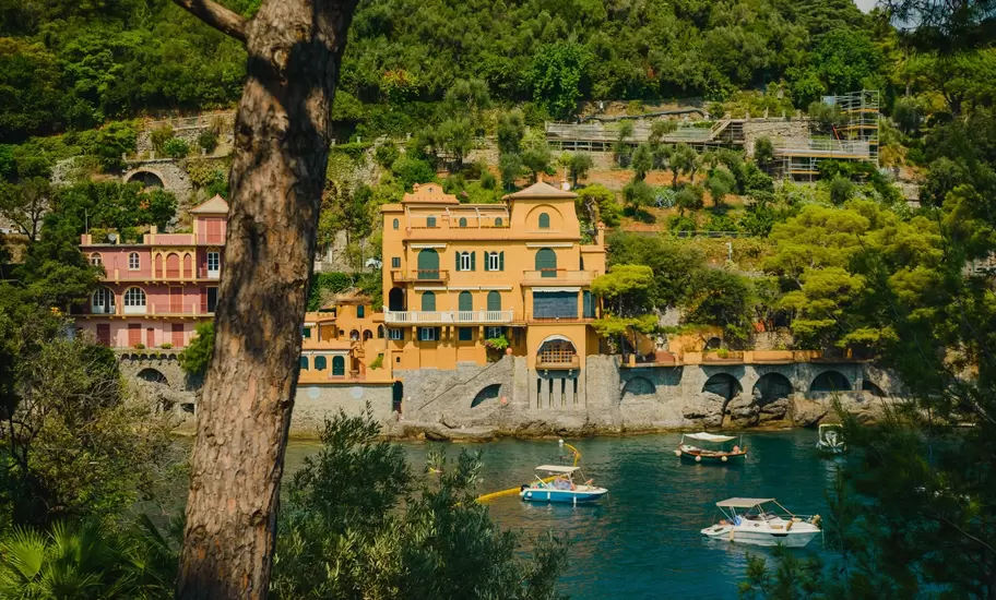 Ochre villa on a rocky shore above boats moored in a green cove in Portofino, Italy, framed by a pine trunk