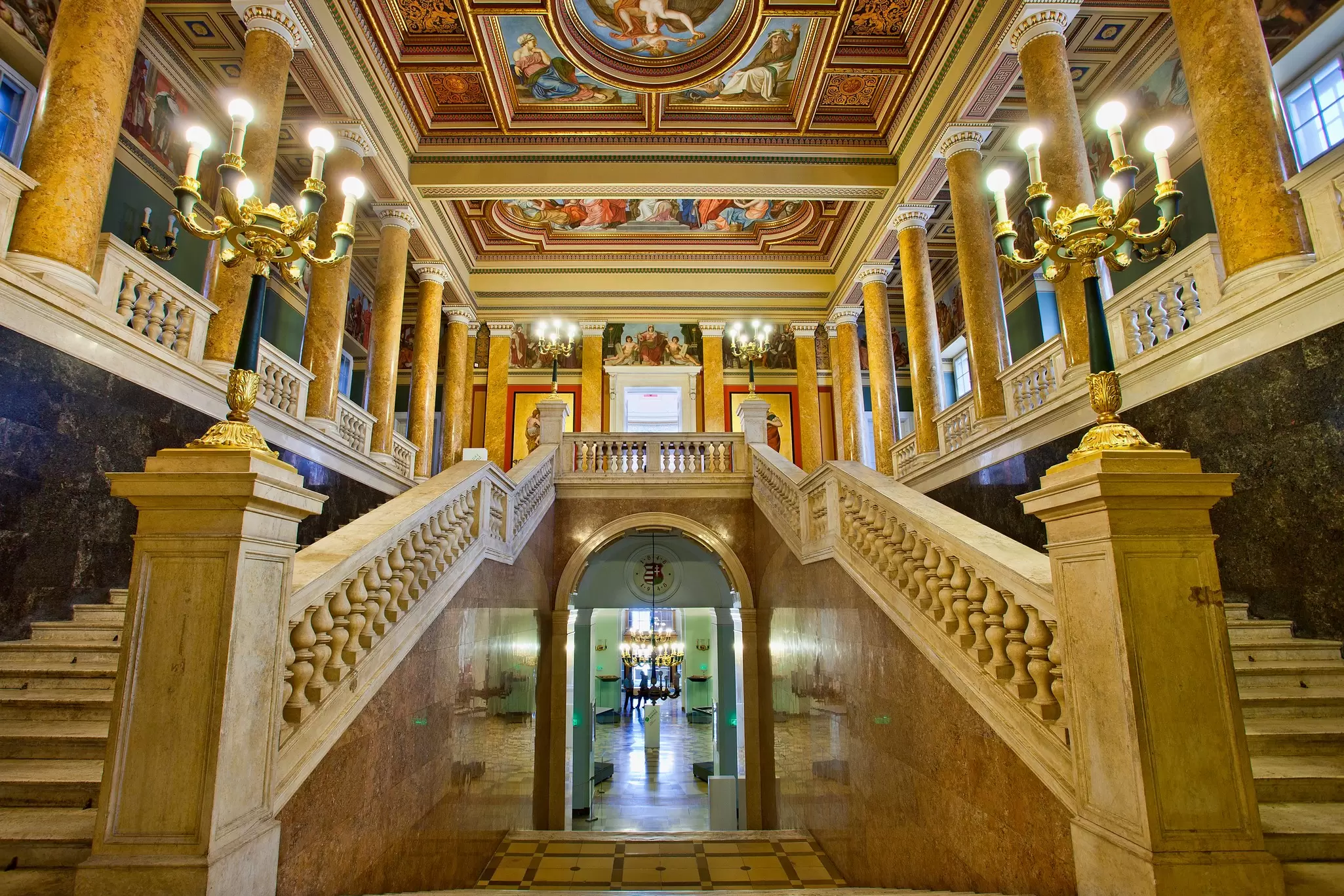 View of the staircase inside the Hungarian National Museum in Budapest, Hungary.