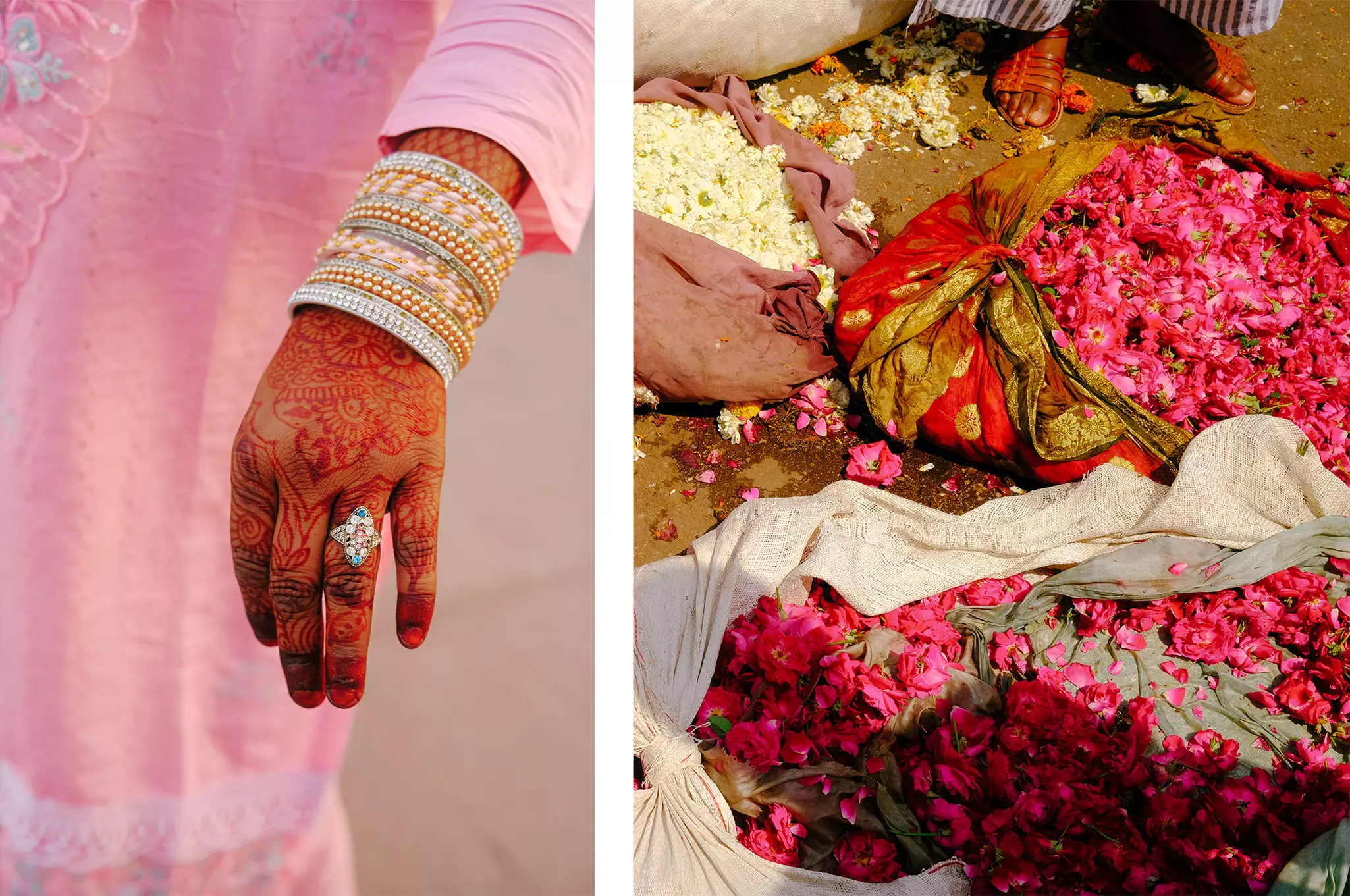 Left: A hand covered in intricate ink patterns and a large sparkling ring, with beaded bangles on the wrist. Right: flowers and pink petals spill out of bags on the floor at a flower market.