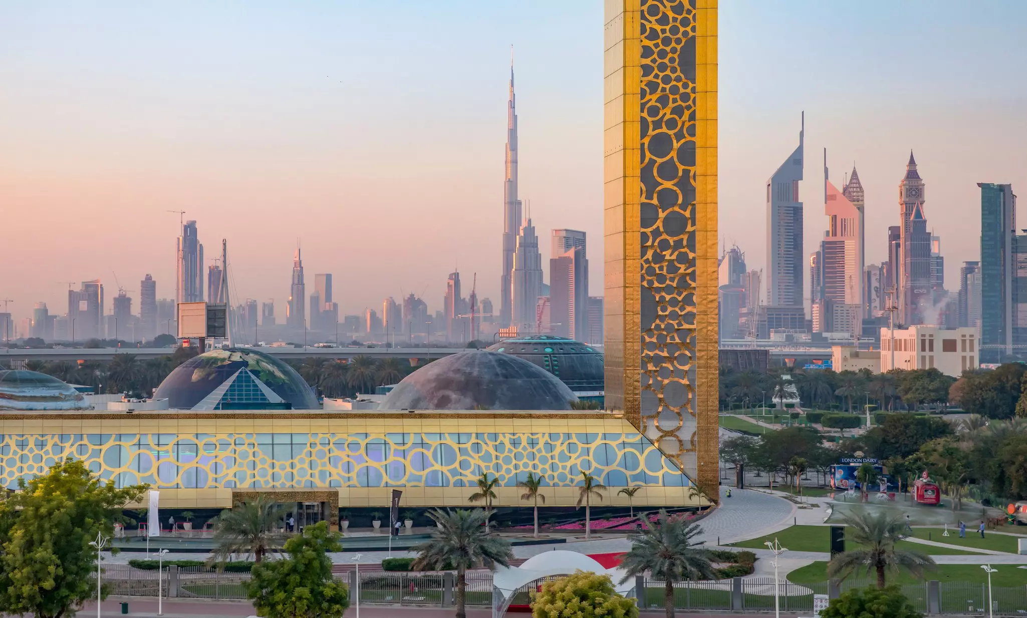 Dubai Frame in Zabeel Park with the skyline of Dubai in the background