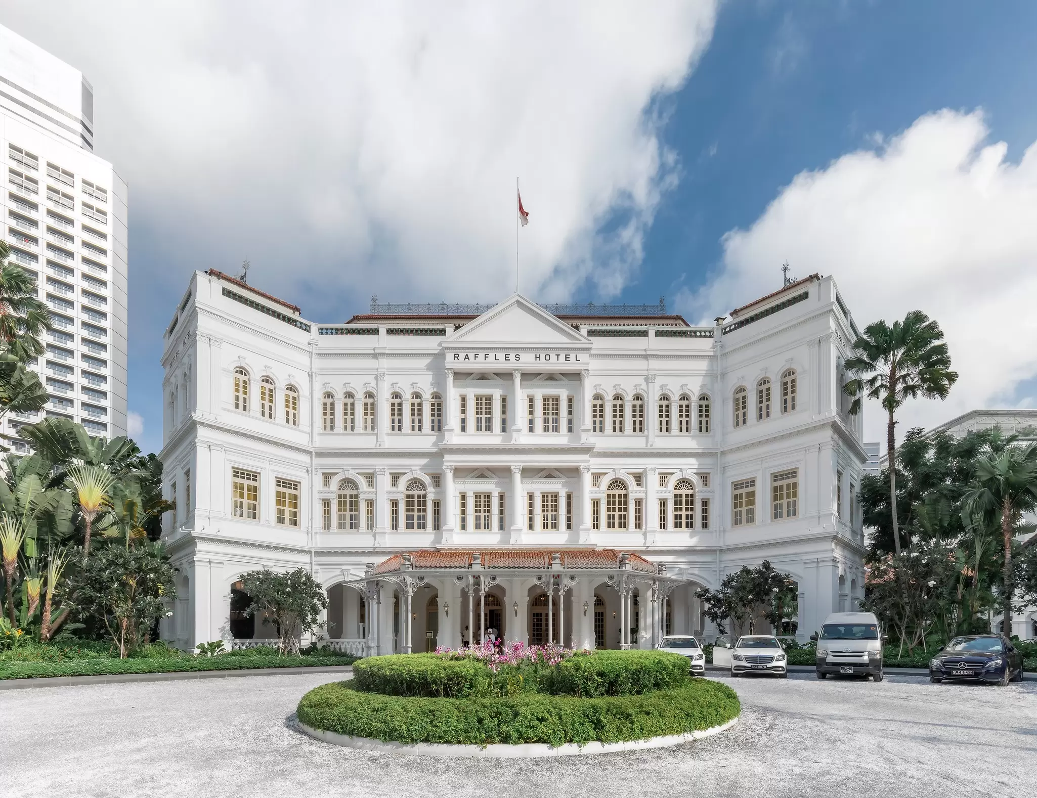 The historic frontage of Raffles Hotel in Singapore.
