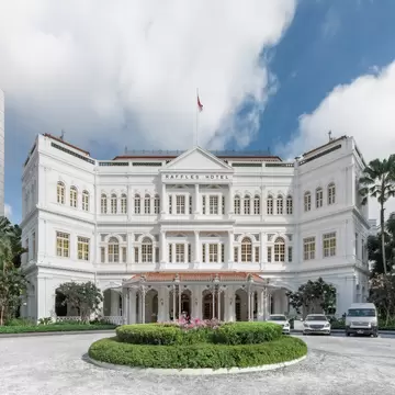 The historic frontage of Raffles Hotel in Singapore.