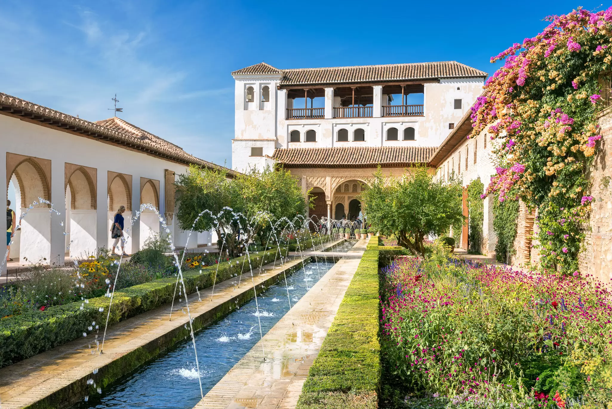 View of the Patio de la Acequia in the Alhambra complex in Granada, Spain.