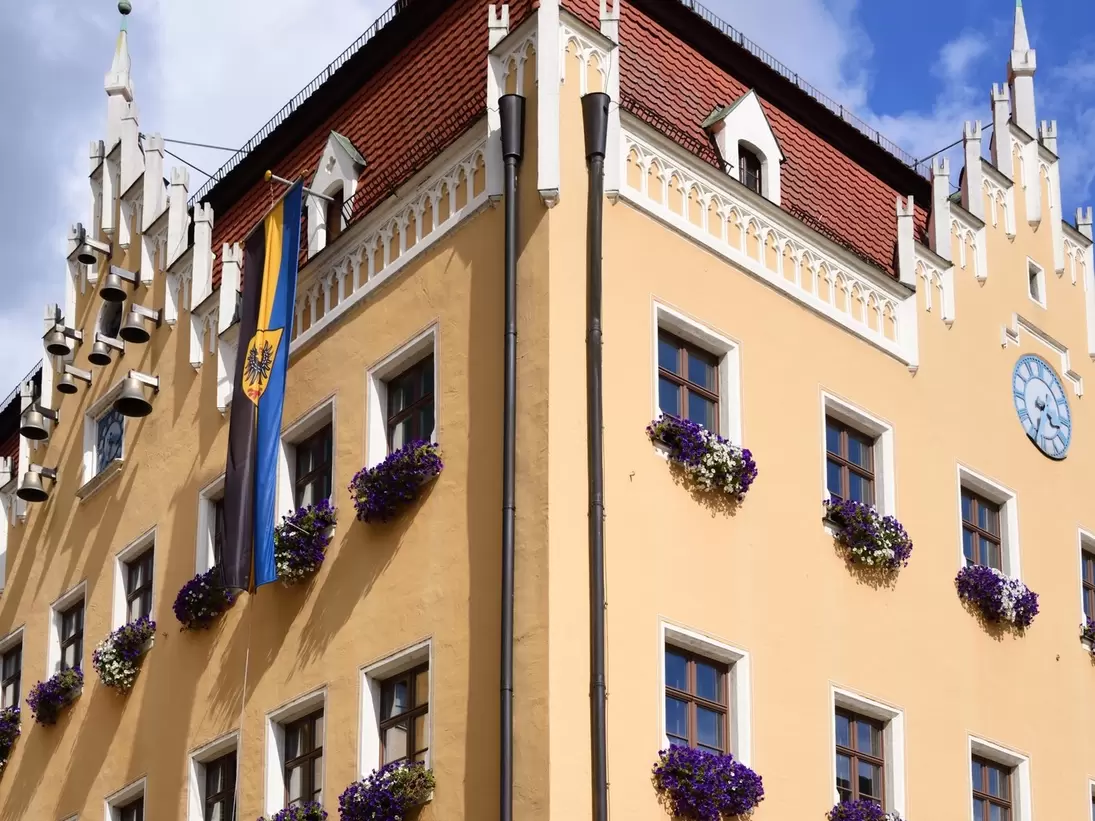 Facade of the historic building Rathaus in 'Donauwörth', a small town in Bavaria Swabia, Germany.