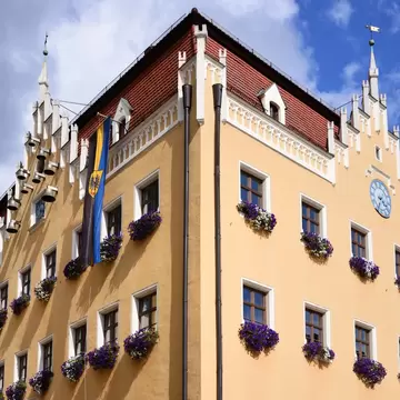 Facade of the historic building Rathaus in 'Donauwörth', a small town in Bavaria Swabia, Germany.
