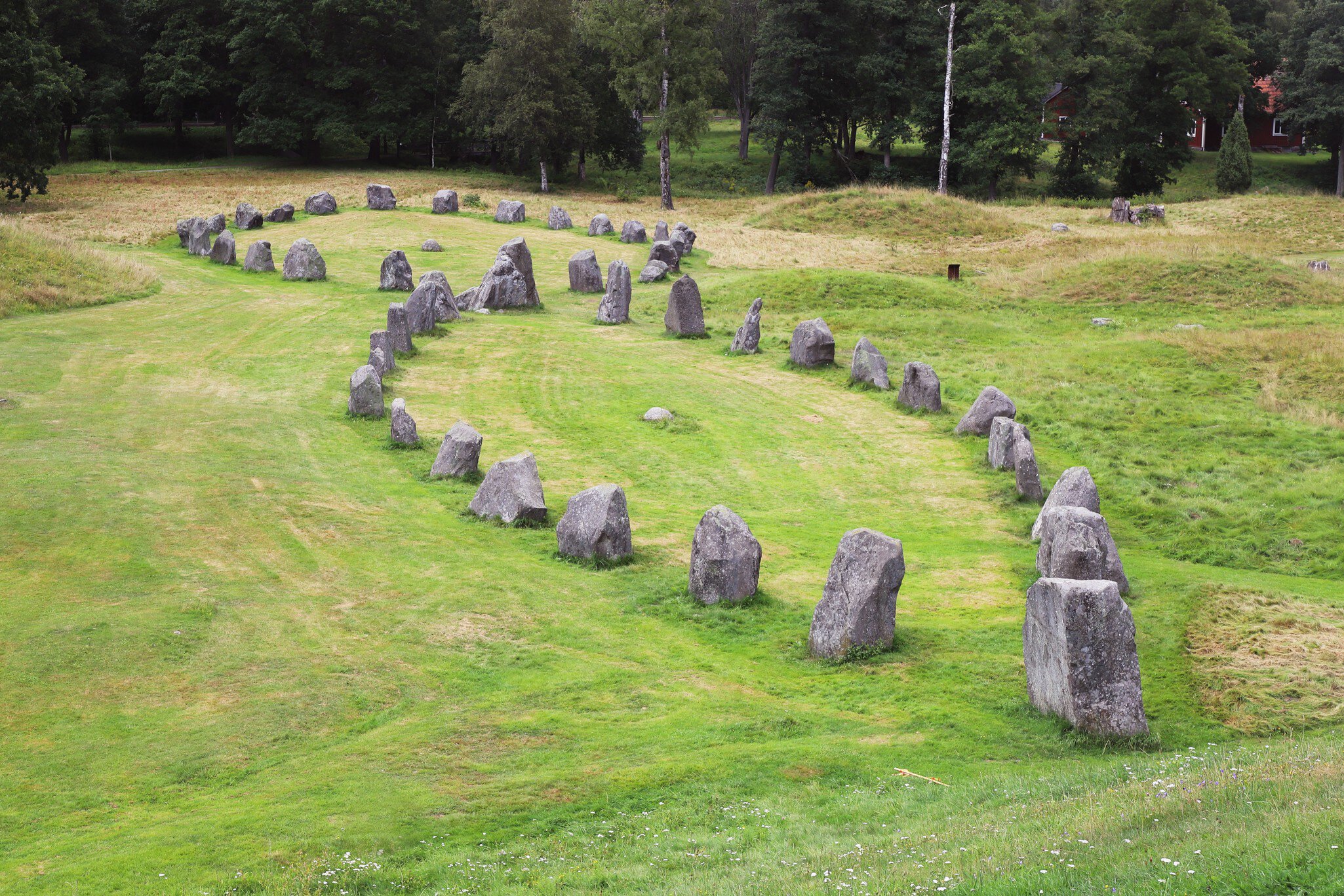 High angle view of two of the stone ships located at Anundshog in Swedish province of Vastmanland.