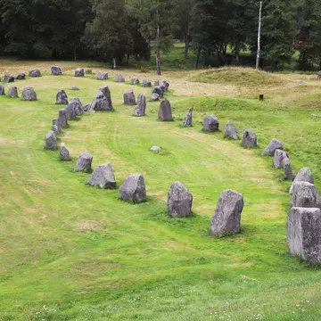 High angle view of two of the stone ships located at Anundshog in Swedish province of Vastmanland.