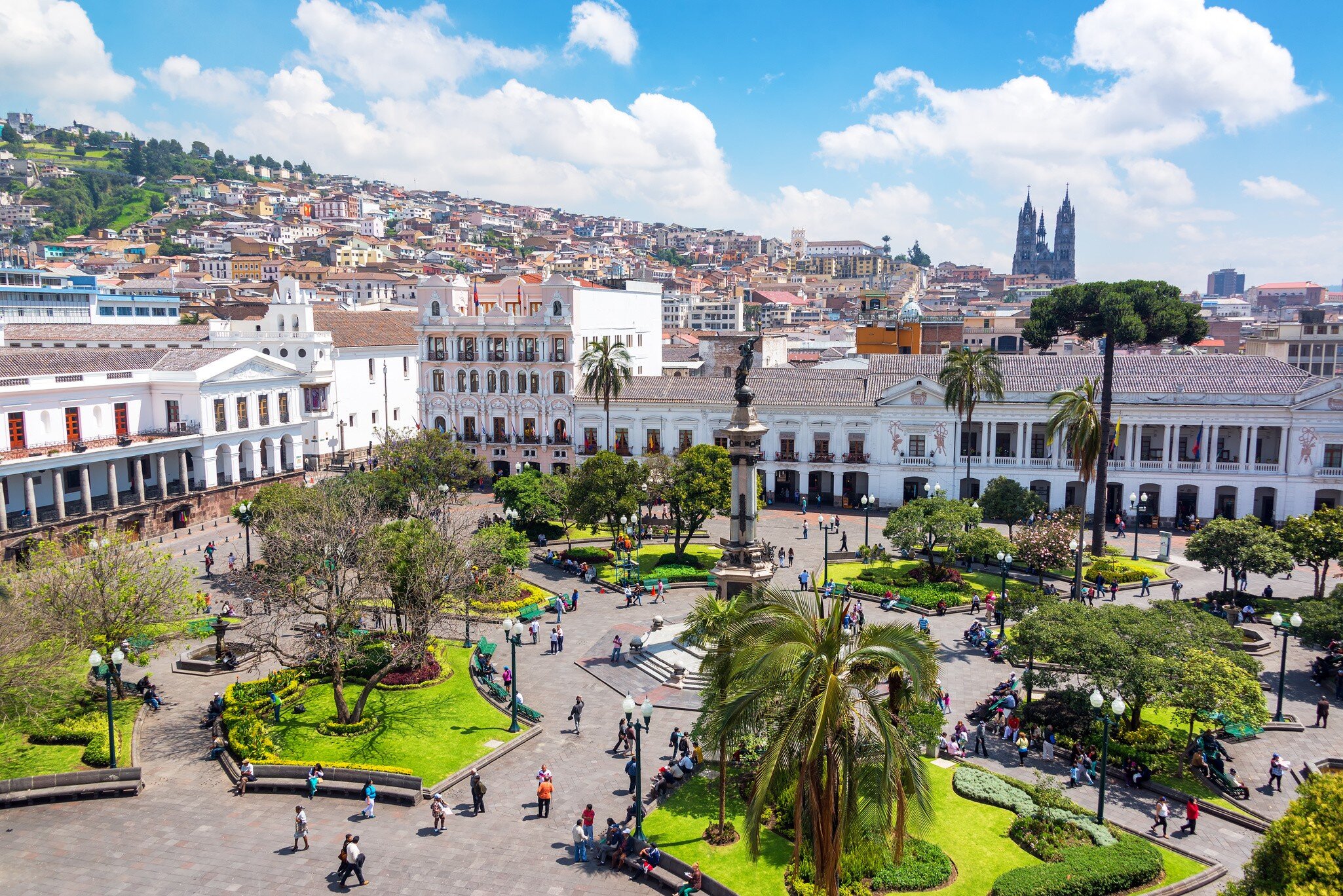 Activity in the Plaza Grande in the colonial center of Quito, Ecuador.