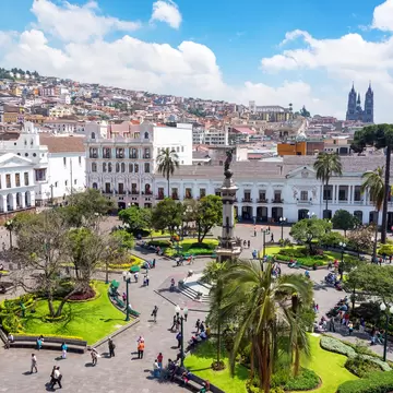 Activity in the Plaza Grande in the colonial center of Quito, Ecuador.