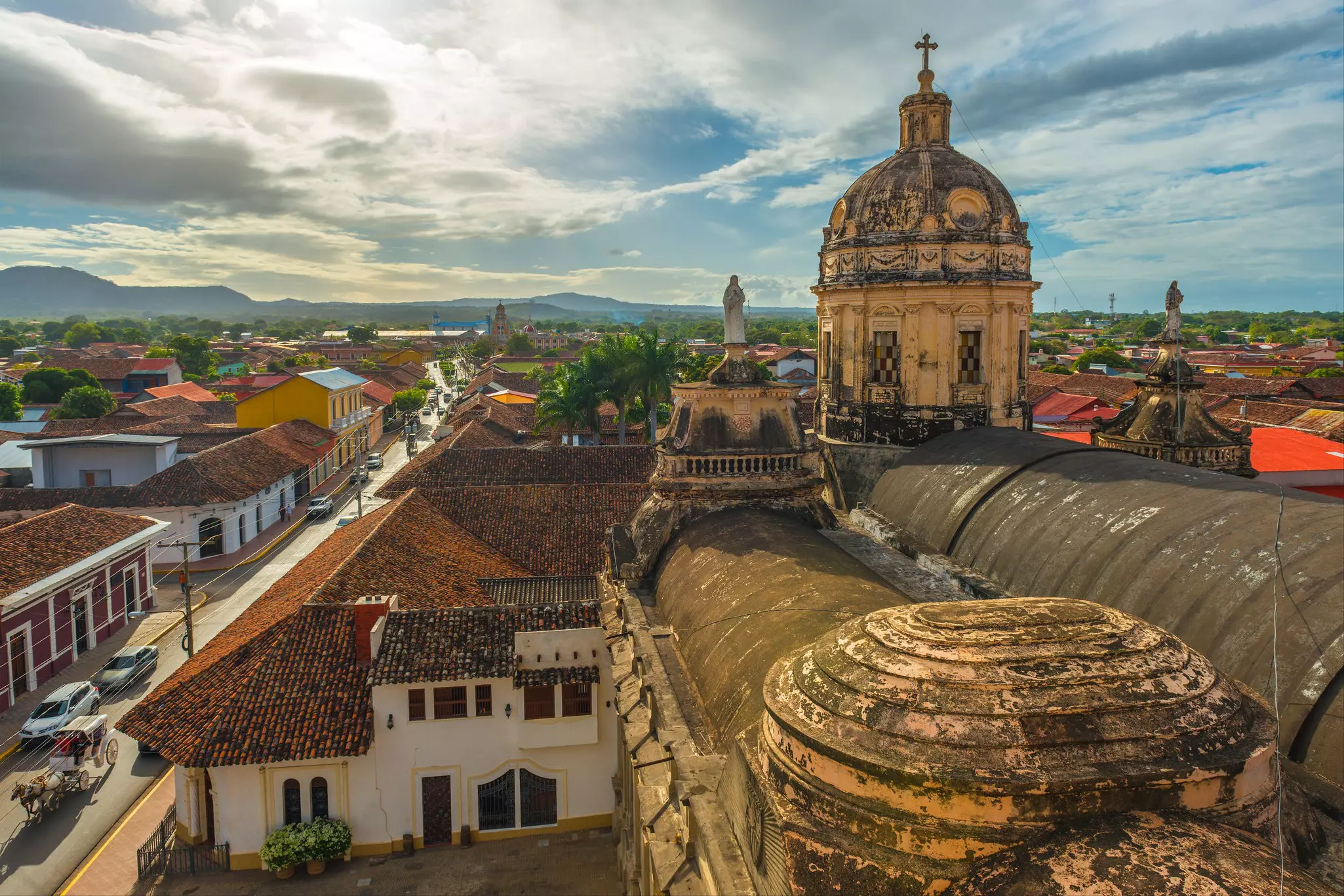Skyline of Granada City at sunset with a view over the Merced church, Nicaragua, Central America.