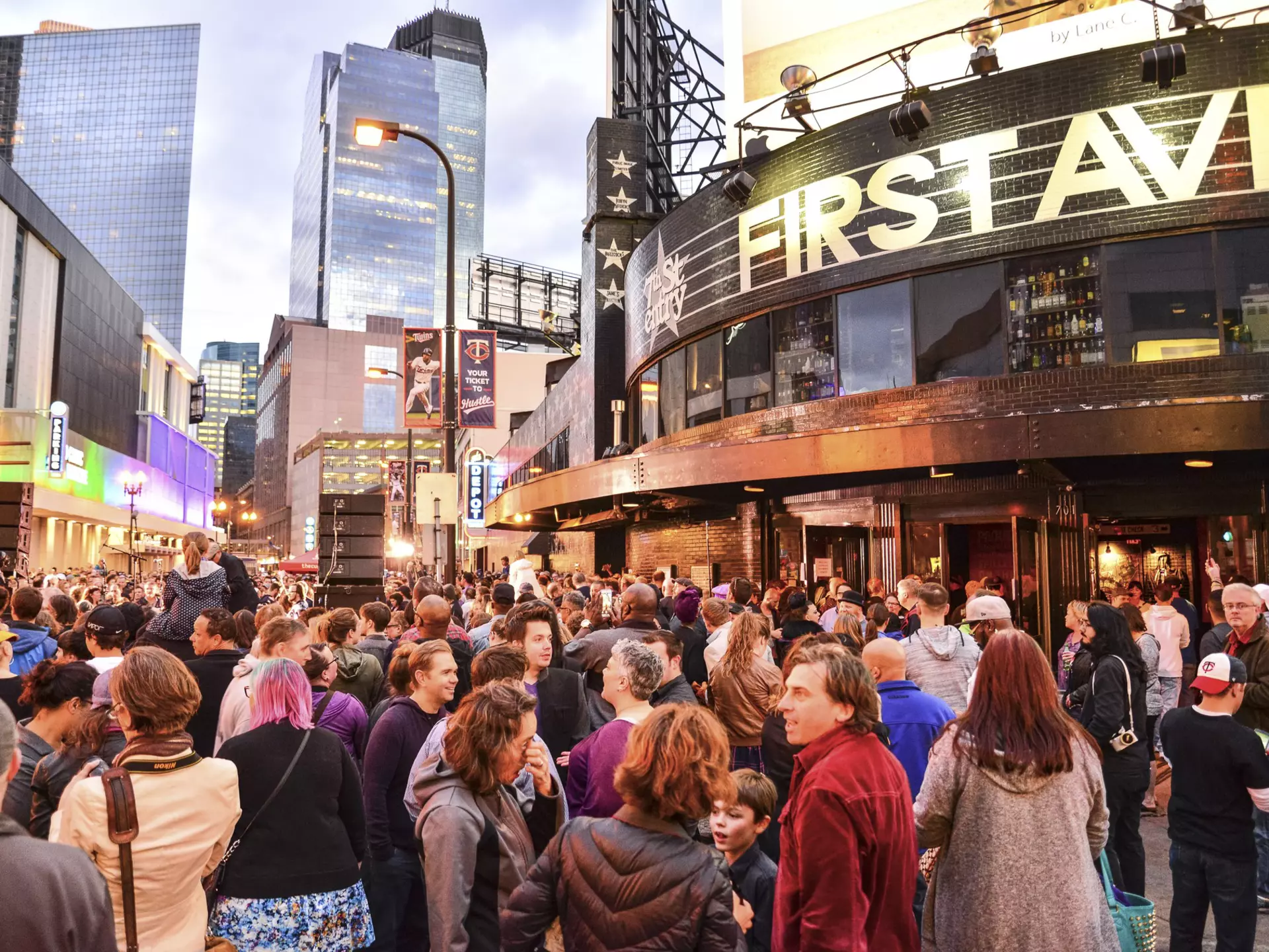 Crowd gathers outside First Avenue music venue in Minneapolis on the day that Prince died.