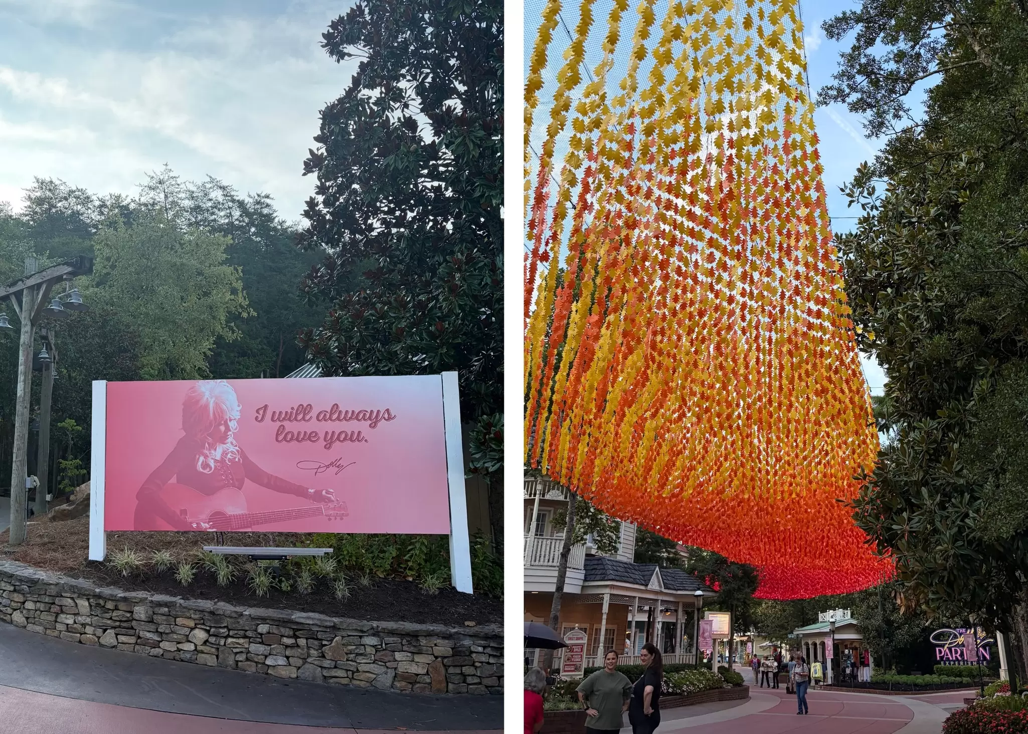 An "I will always love you" banner remembers Dolly Parton at Dollywood's entrance in a photo to the left and on the right, an art installation that mimics fall foliage marks the park. 