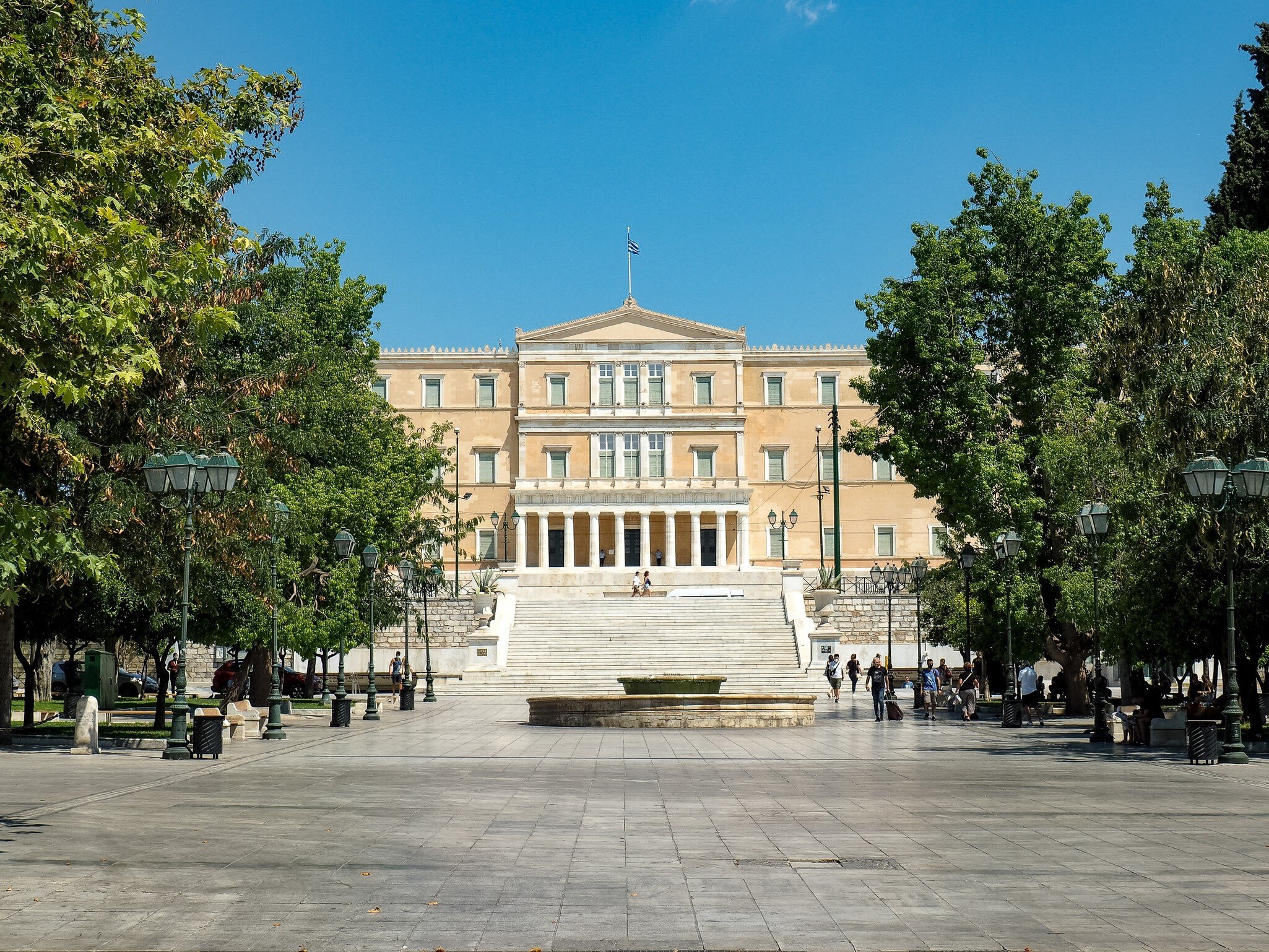 View over Plateia Syntagmatos towards the Parliament building in Athens, Greece.