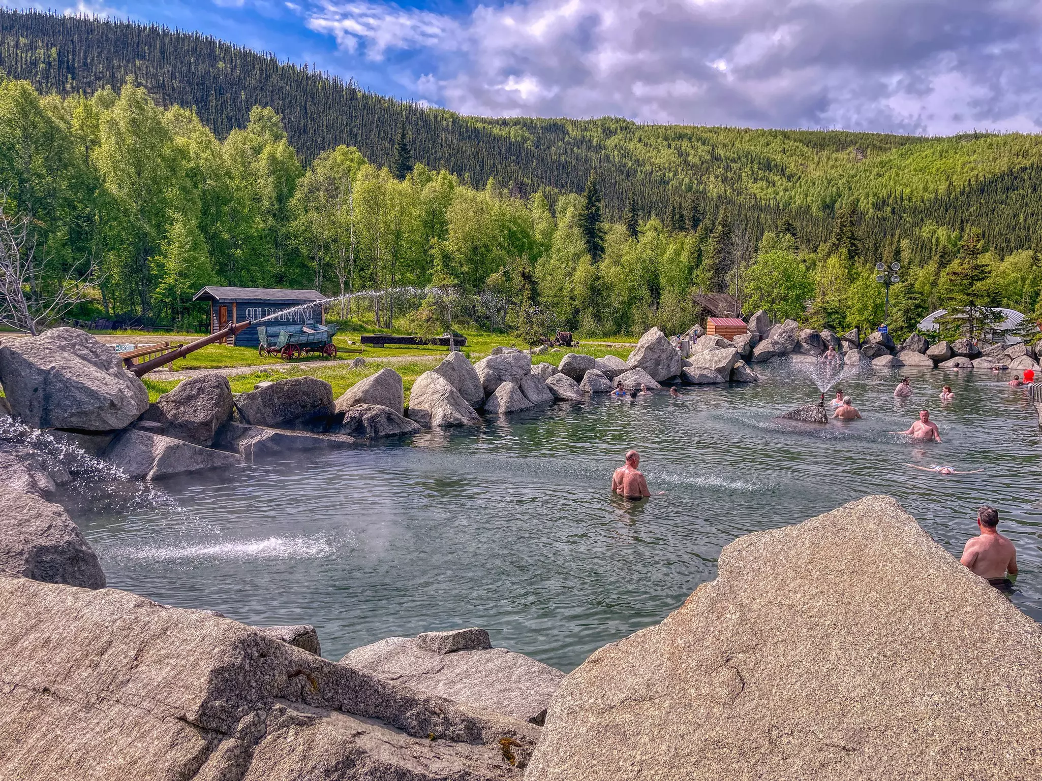 People in a hot spring surrounded by dense forest.