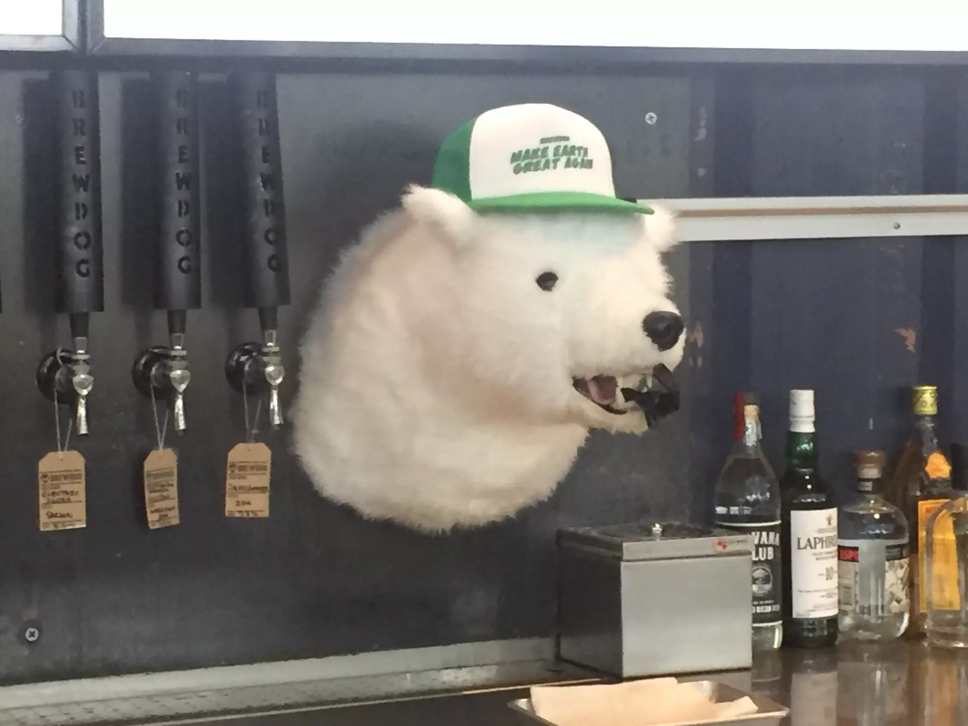 The tap for "Make Earth Great Again" beer at BrewDog Brewery.