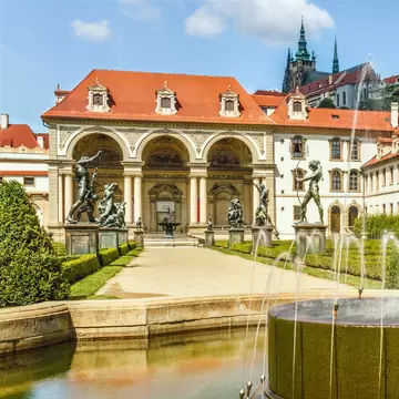 Wallenstein Palace in Mala Strana, Prague, Czech Republic. Statues and fountain outside the facade.