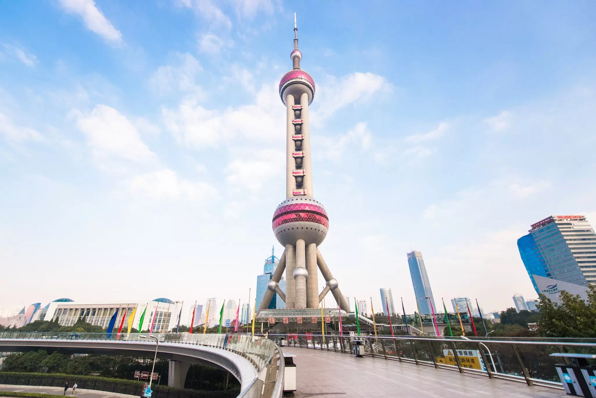 Daytime view of the Oriental Pearl TV Tower in Shanghai, China.