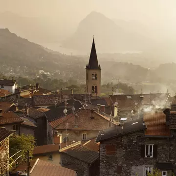 Overview of village of Sonvico and Lake Lugano.