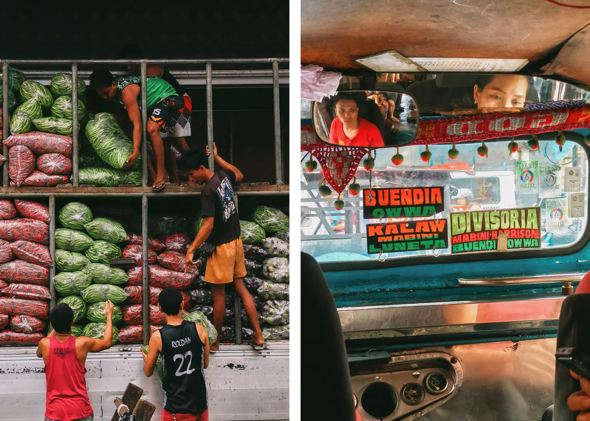 Left, men unloading vegetables near a market in Divisoria, Tondo. Right, scenes from inside one of Manila's many jeepneys (a small bus)