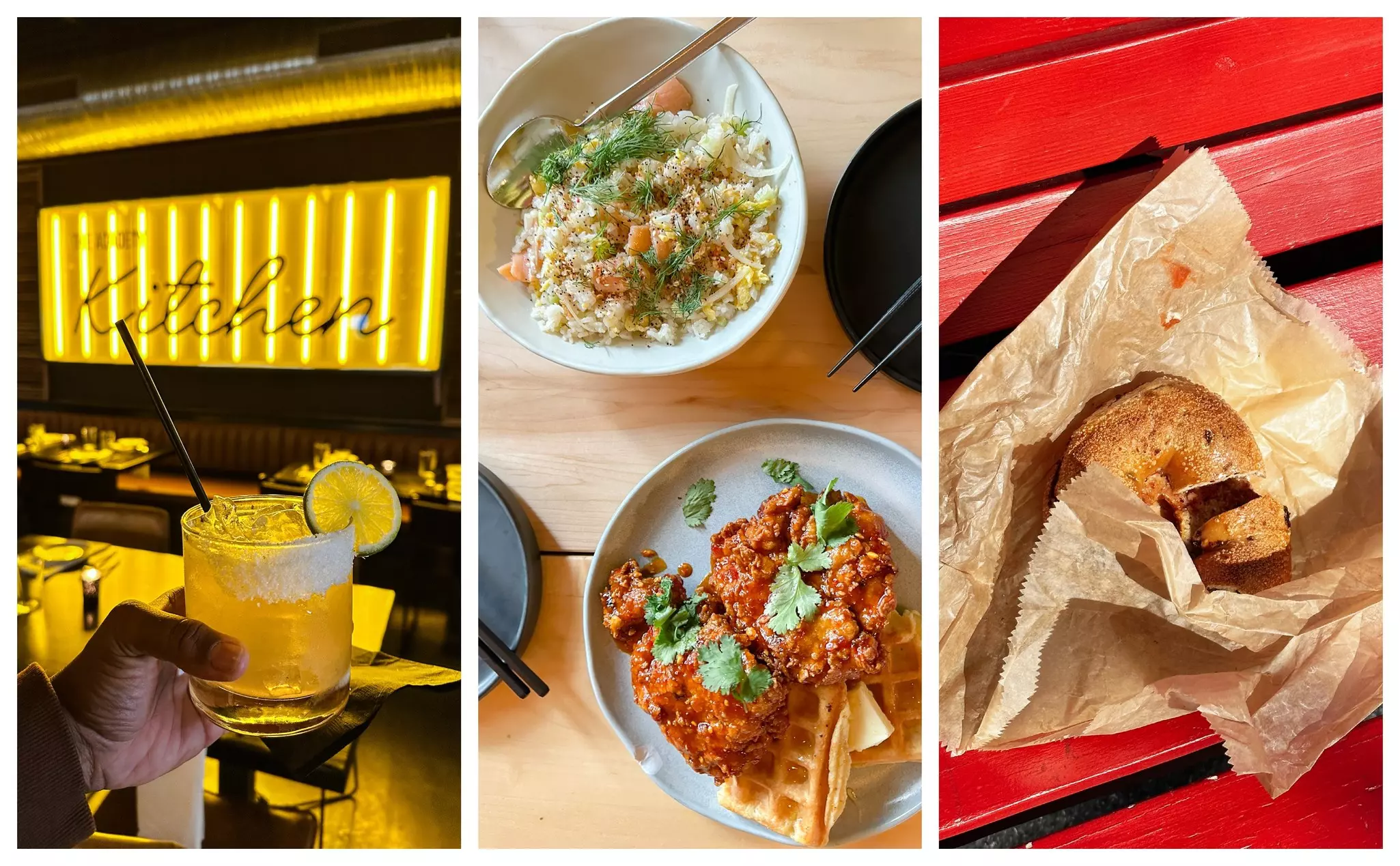 (L-R) Cocktails at The Academy, kung pao chicken and waffles at Goosfeather and bagels from Rhinebeck Bagels & Cafe © Holly-Marie Cato