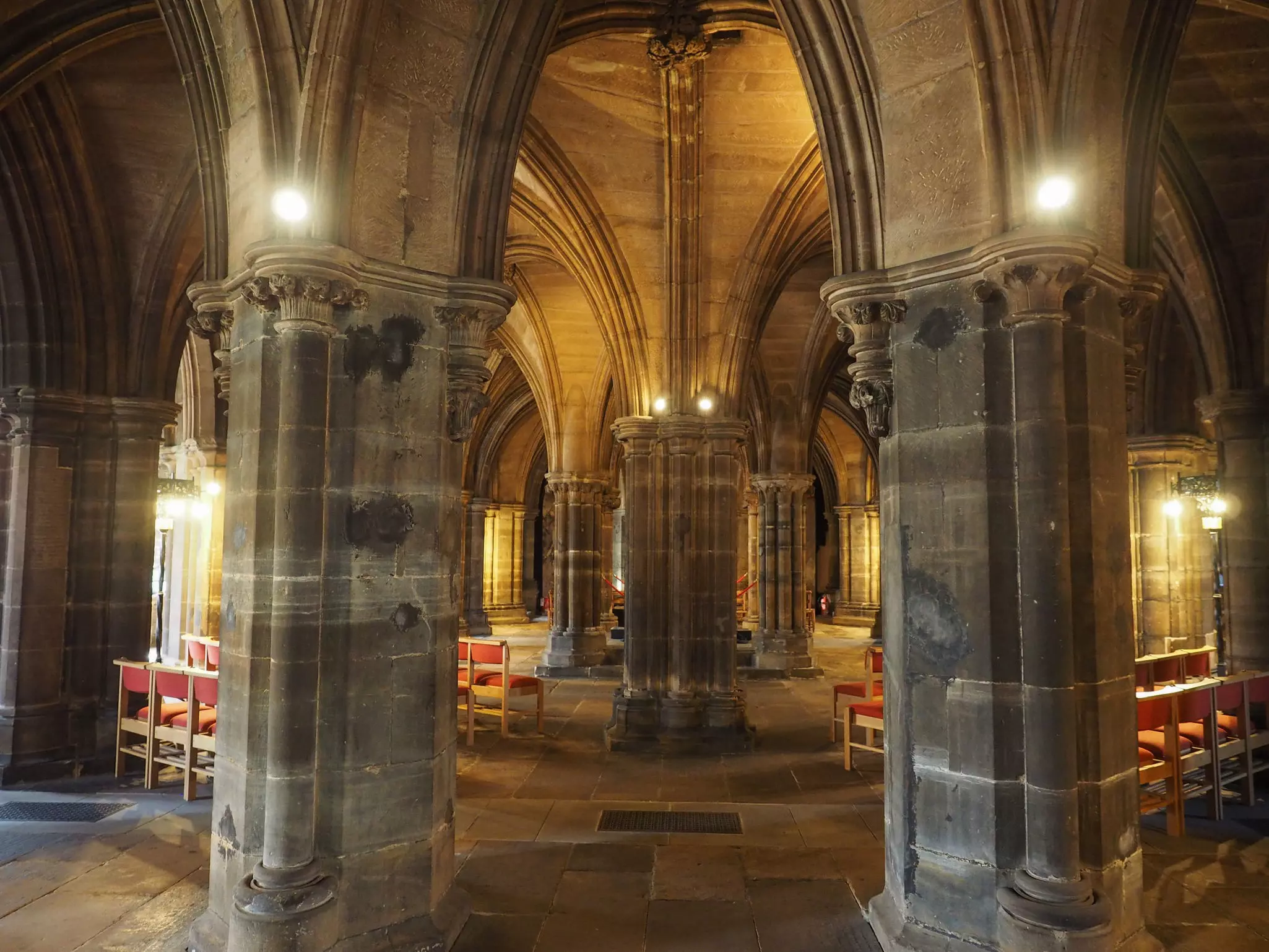 The stone columns on the lower level of Glasgow Cathedral in Glasgow, Scotland.