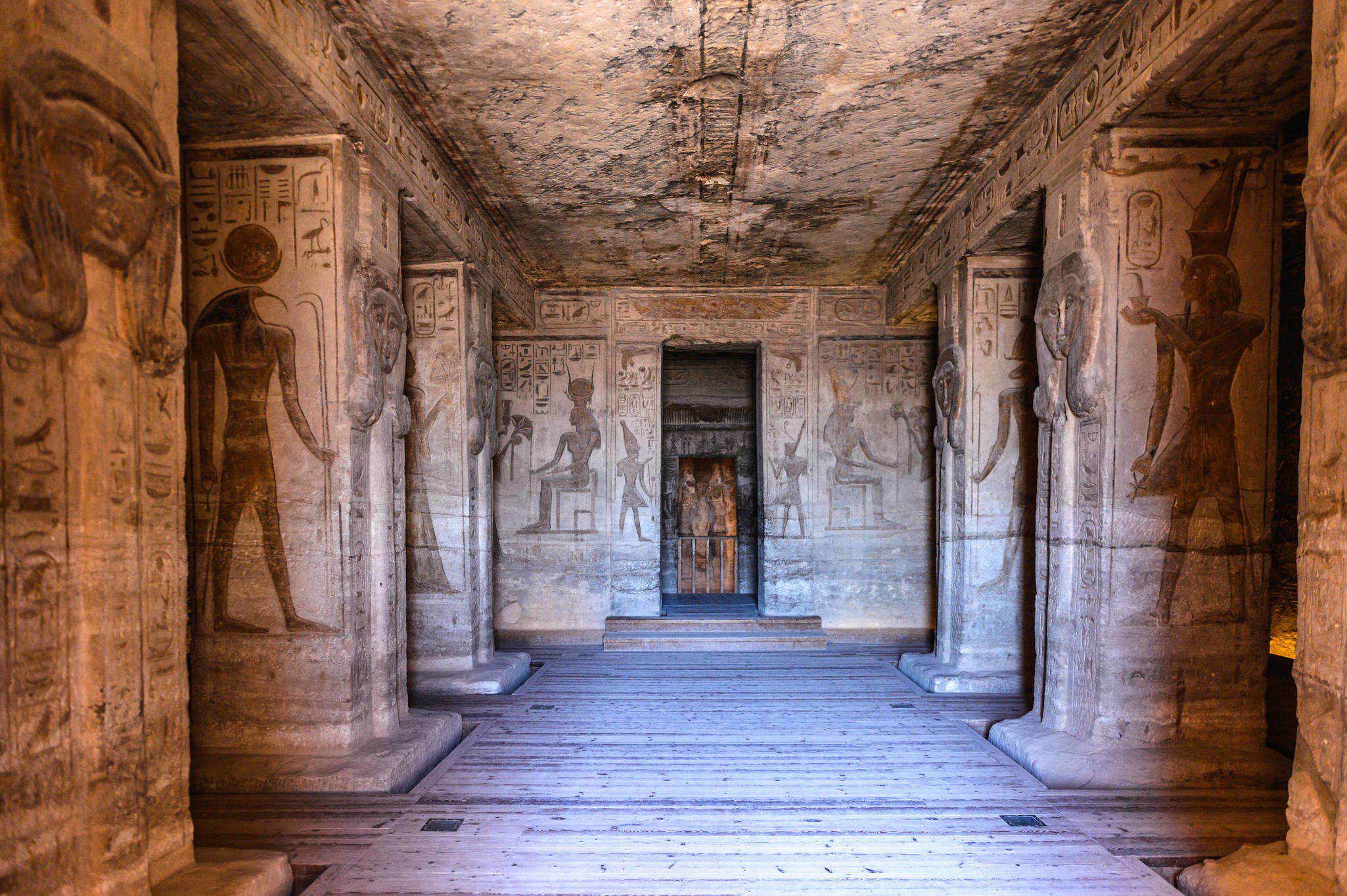 ABU SIMBEL, EGYPT - DEC 3, 2014: Interior of The Great Temple of Ramesses II on the sunrise, Abu Simbel, Egypt. One of the main sights of Egypt