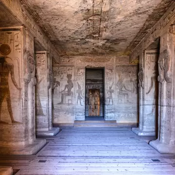ABU SIMBEL, EGYPT - DEC 3, 2014: Interior of The Great Temple of Ramesses II on the sunrise, Abu Simbel, Egypt. One of the main sights of Egypt