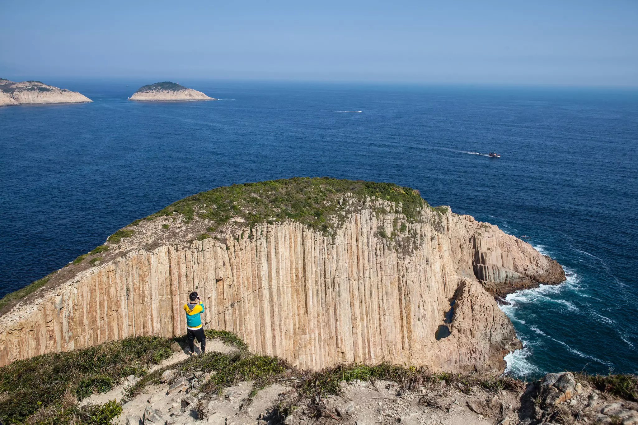 Hexagonal basalt columns on the island of Po Pin Chau, off Sai Kung in Hong Kong.