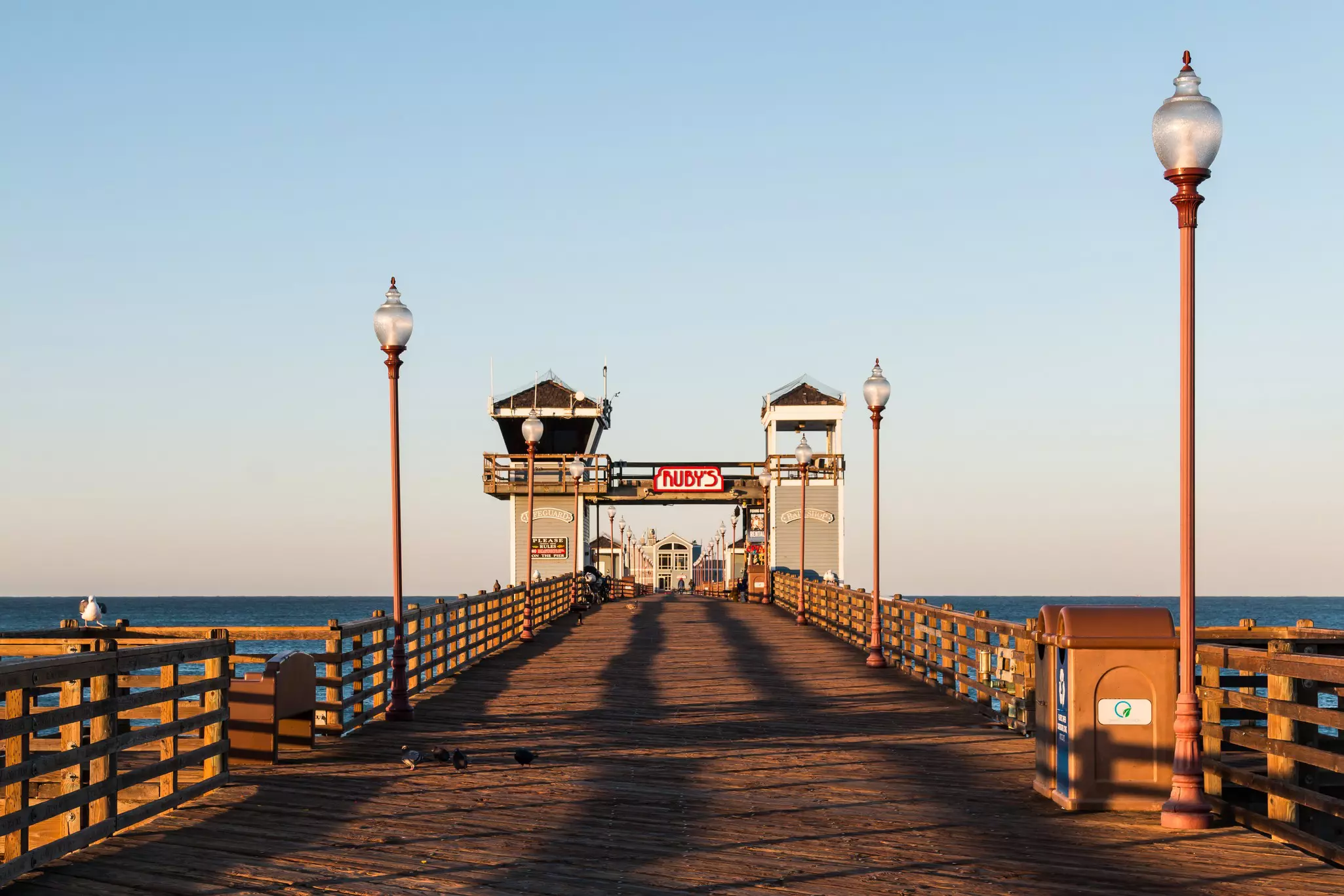 A view of the empty Oceanside fishing pier in the early morning, a popular destination for local fisherman, spectators and restaurant patrons.