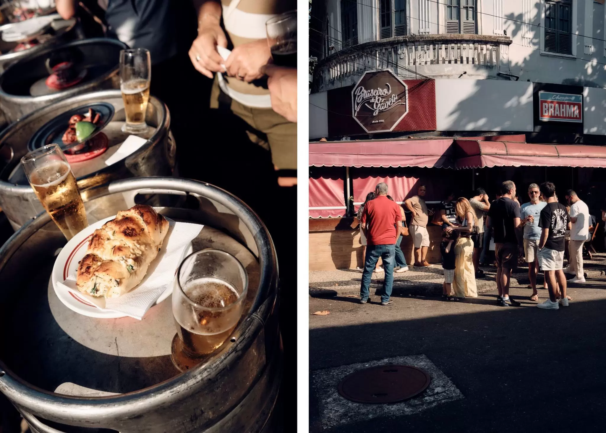 Left, garlic bread and glasses of beer resting on tables outside; right, people standing outside of a bar in the sun.