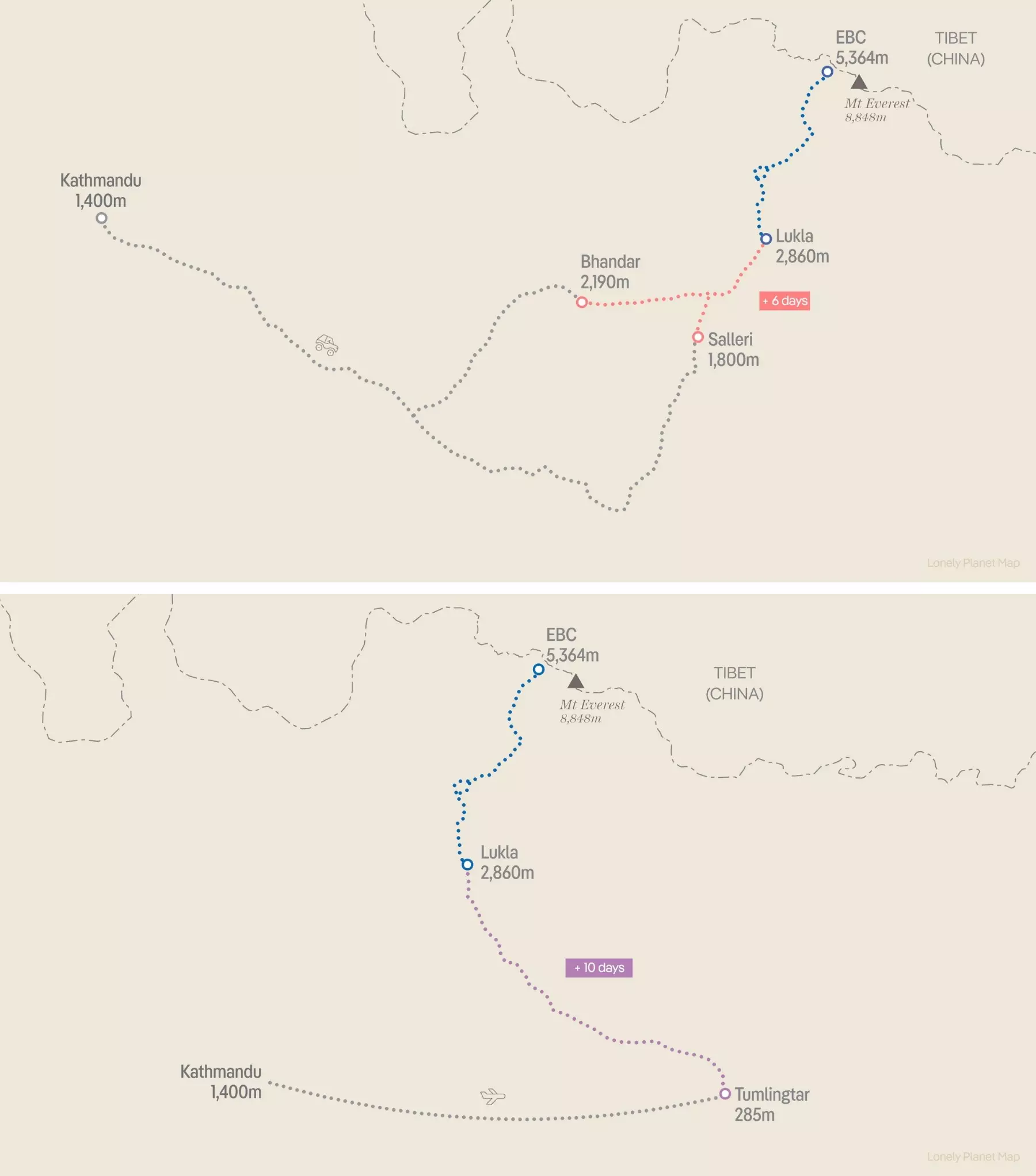 Maps of alternative trekking routes to Everest Base Camp in the Nepal Himalayas