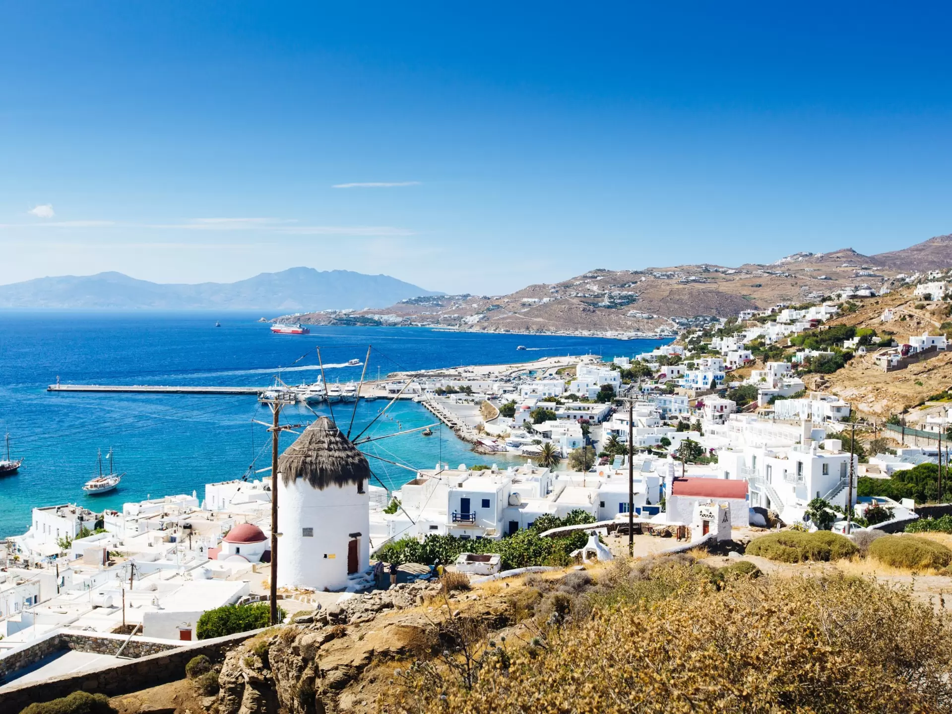 A view over the whitewashed houses of Hora on the island of Mykonos, Greece.