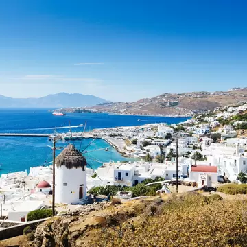 A view over the whitewashed houses of Hora on the island of Mykonos, Greece.