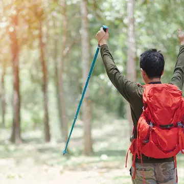 A man in green long sleeve t-shirt and camougflage pants carrying red bag pack holding hilking pole and hand over head with triumph emotion., License Type: media, Download Time: 2025-05-28T10:03:27.000Z, User: lonelyplanetmedia, Editorial: false, purchase_order: 65050 - Digital Destinations and Articles, job: Global Publishing WIP, client: Global Publishing WIP, other: Peterson Haggarty // SS Comp Ingestion