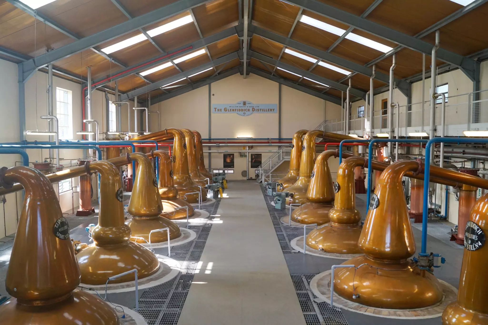 Copper stills in the Glenfiddich whisky distillery in Dufftown, Scotland.