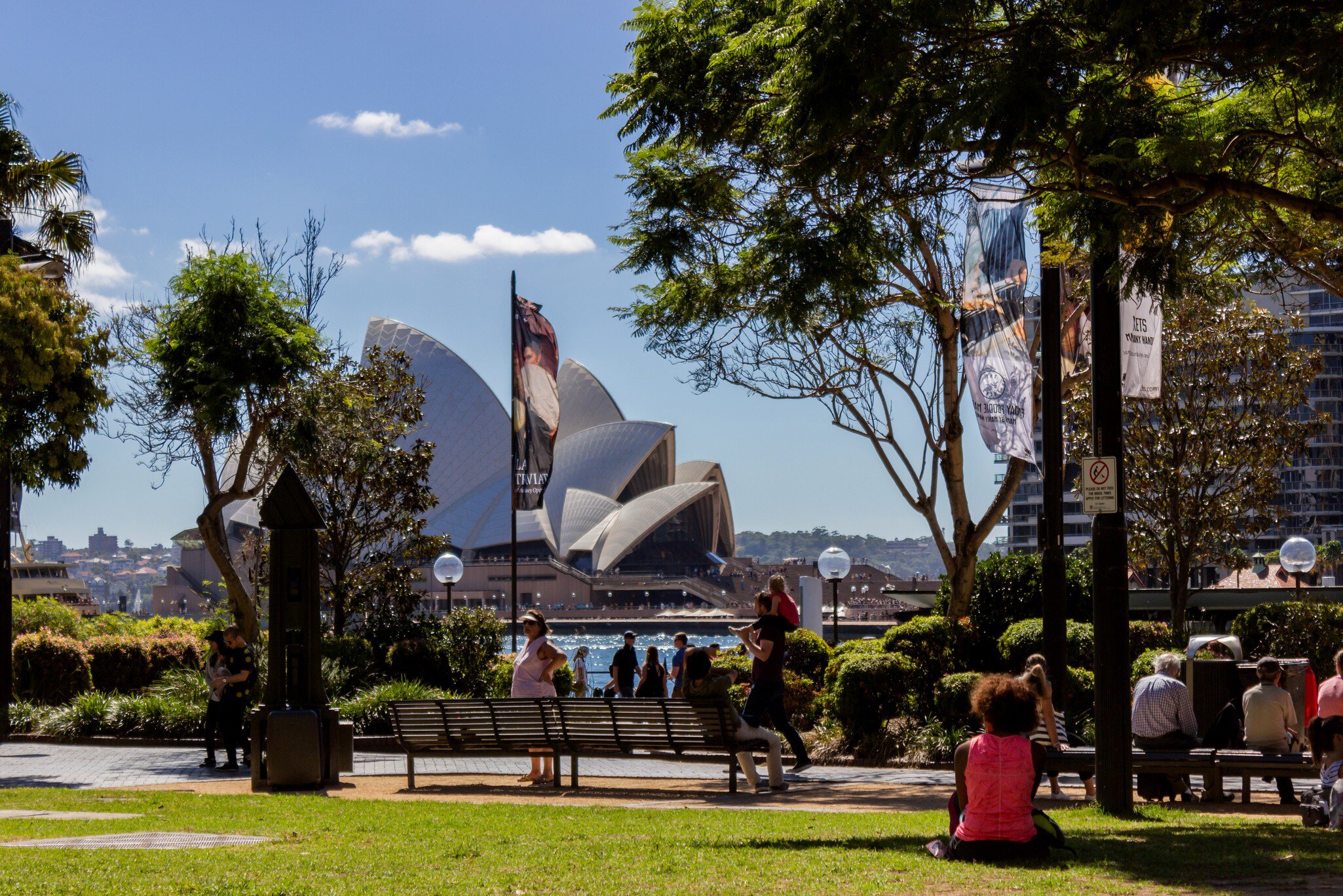Tourist enjoying the view of Sydney Opera house from a shady spot at First Fleet Park in Circular Quay. Sydney, Australia.
