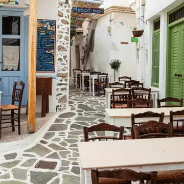 NAXOS ISLAND, GREECE - OCTOBER 24, 2016: Restaurant in Naxos Chora old town, Naxos island in Greece; Shutterstock ID 1946588611; your: Erin Lenczycki; gl: 65050; netsuite: Digital; full: POI