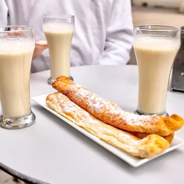 Horchata drinks and pastries at a cafe in Valencia, Spain.