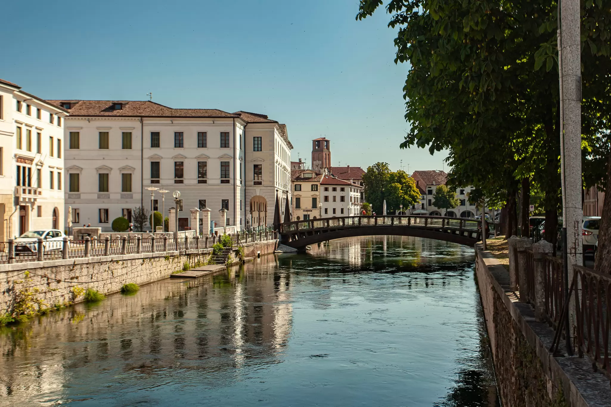 Historic buildings in the center of Treviso, along the Sile River, in Veneto, Italy. 