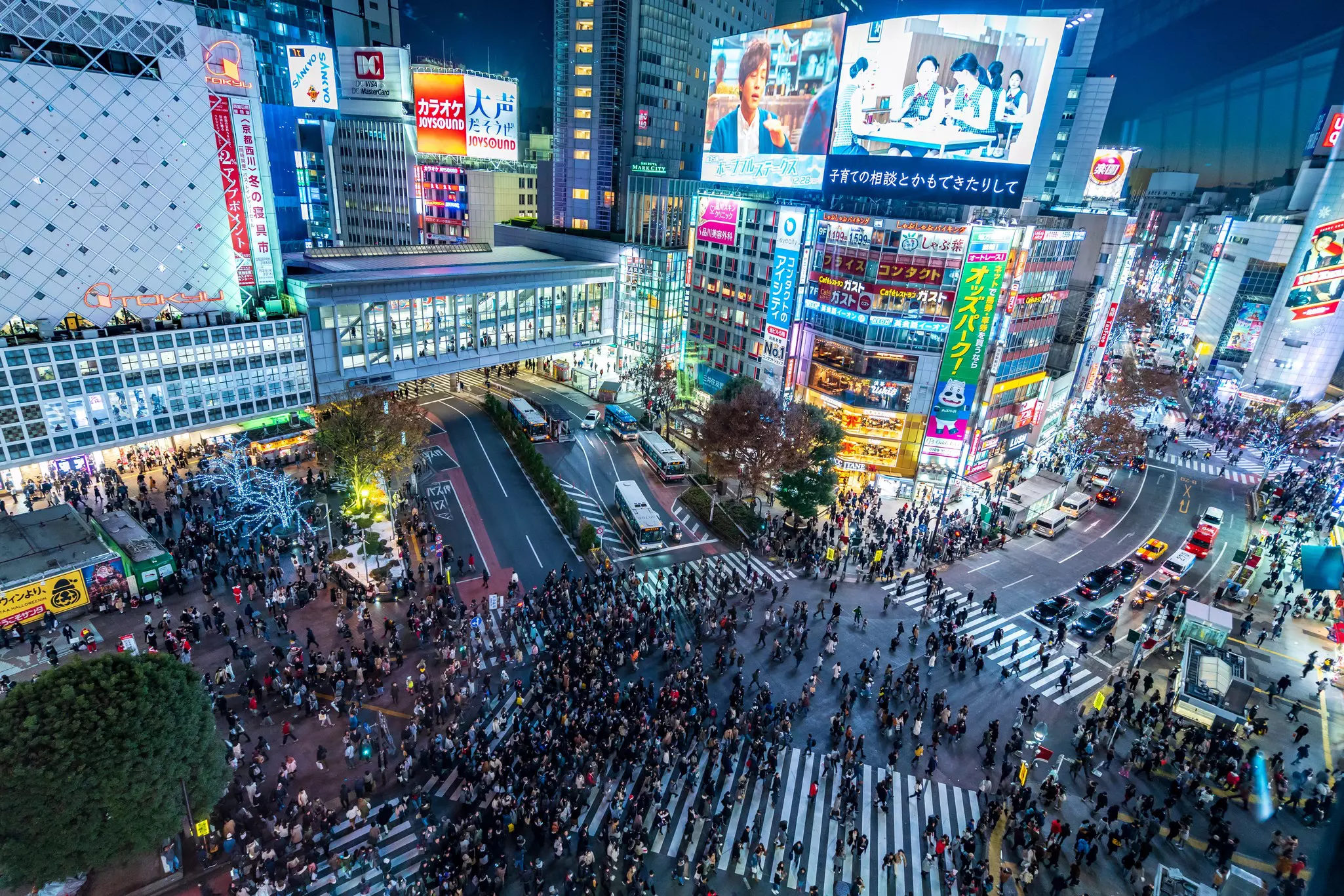 Shibuya, Tokyo, Japan - December 24, 2018: Top view of crowd people pedestrians walking cross zebra crosswalk in Shibuya district at night in Tokyo, Japan. Lights from commercial billboards., License Type: media, Download Time: 2026-02-04T11:59:03.000Z, User: riemiyoshi12311, Editorial: true, purchase_order: 56530 - Guidebooks, job: Global Publishing WIP, client: Pocket Tokyo 11, other: Rie Miyoshi