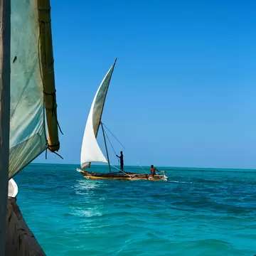 Fishers pilot small sail boats around turquoise waters off the shore of Zanzibar